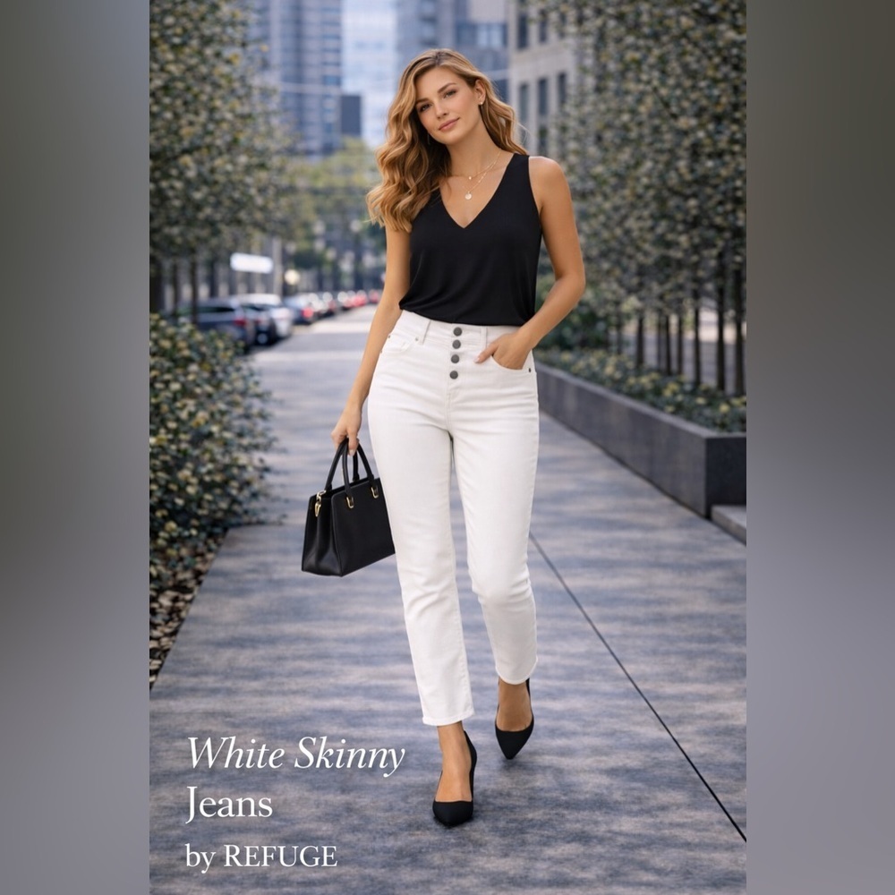 Size 8 • Refuge High-Rise White Skinny Jeans – Triple Button Detail - Picture 7 of 7